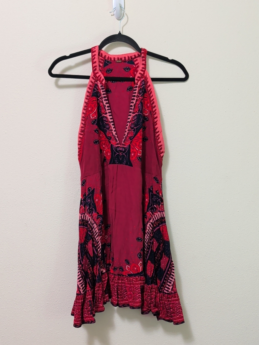 Free People Red-Pink Floral Embroidered Halter Mini Dress